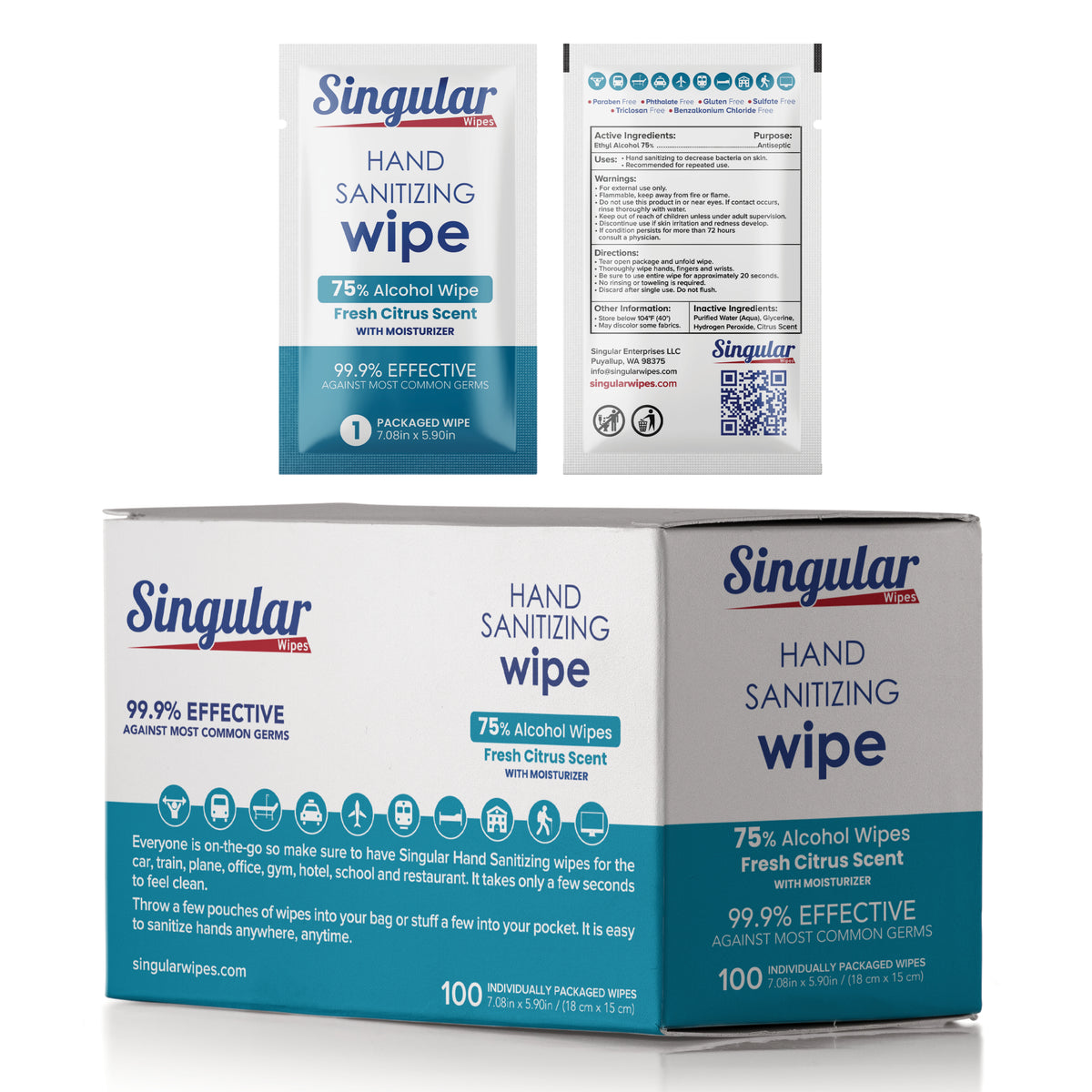 Hand Sanitizing Wipes Travel Size by Singular Wipes – 100ct Individual