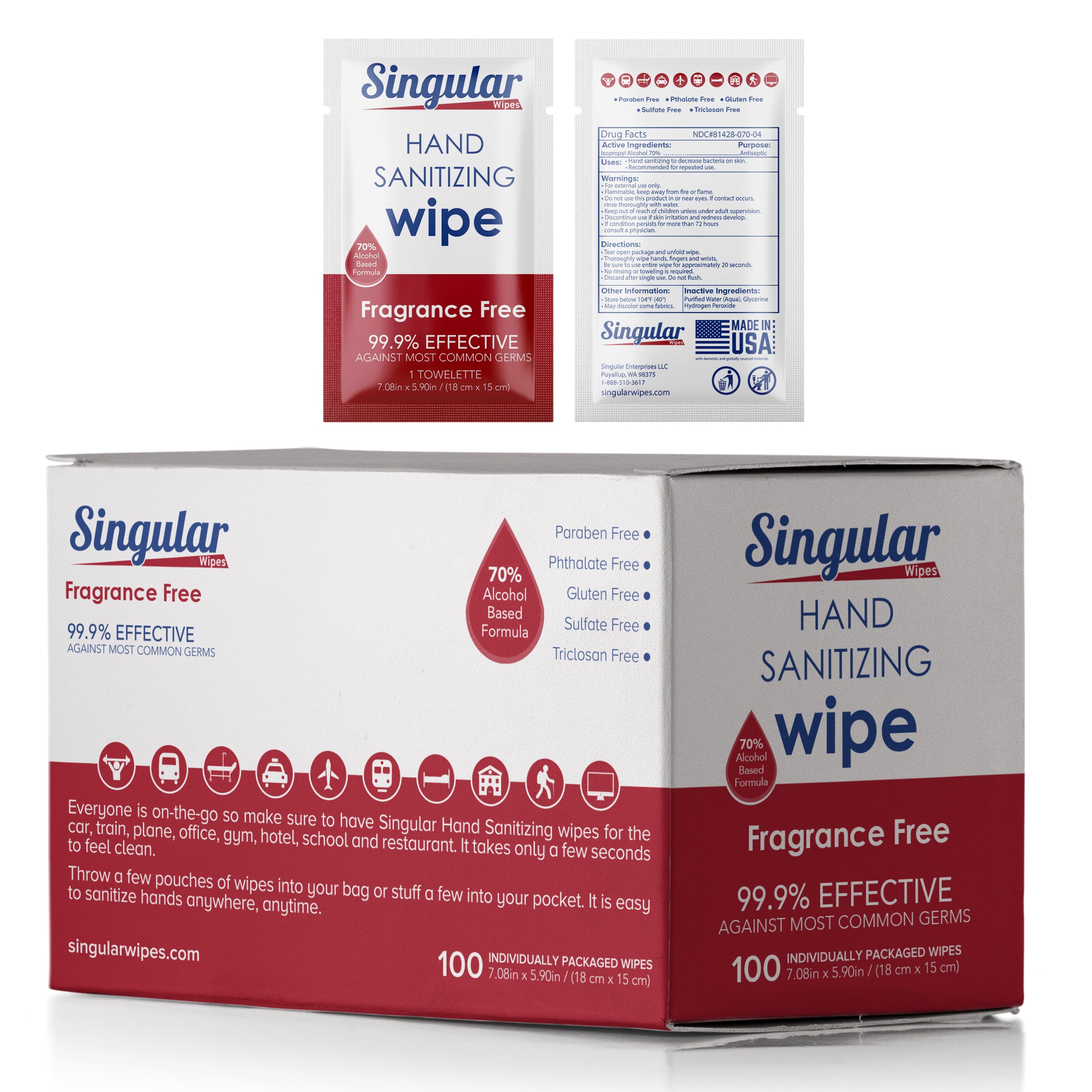 HAND SANITIZING WIPES- 100ct - Individually Packed Premium Hand Sanitizing Wipes for Travel, Home, Office, School, etc. Fragrance Free with Moisturizer - Made in USA