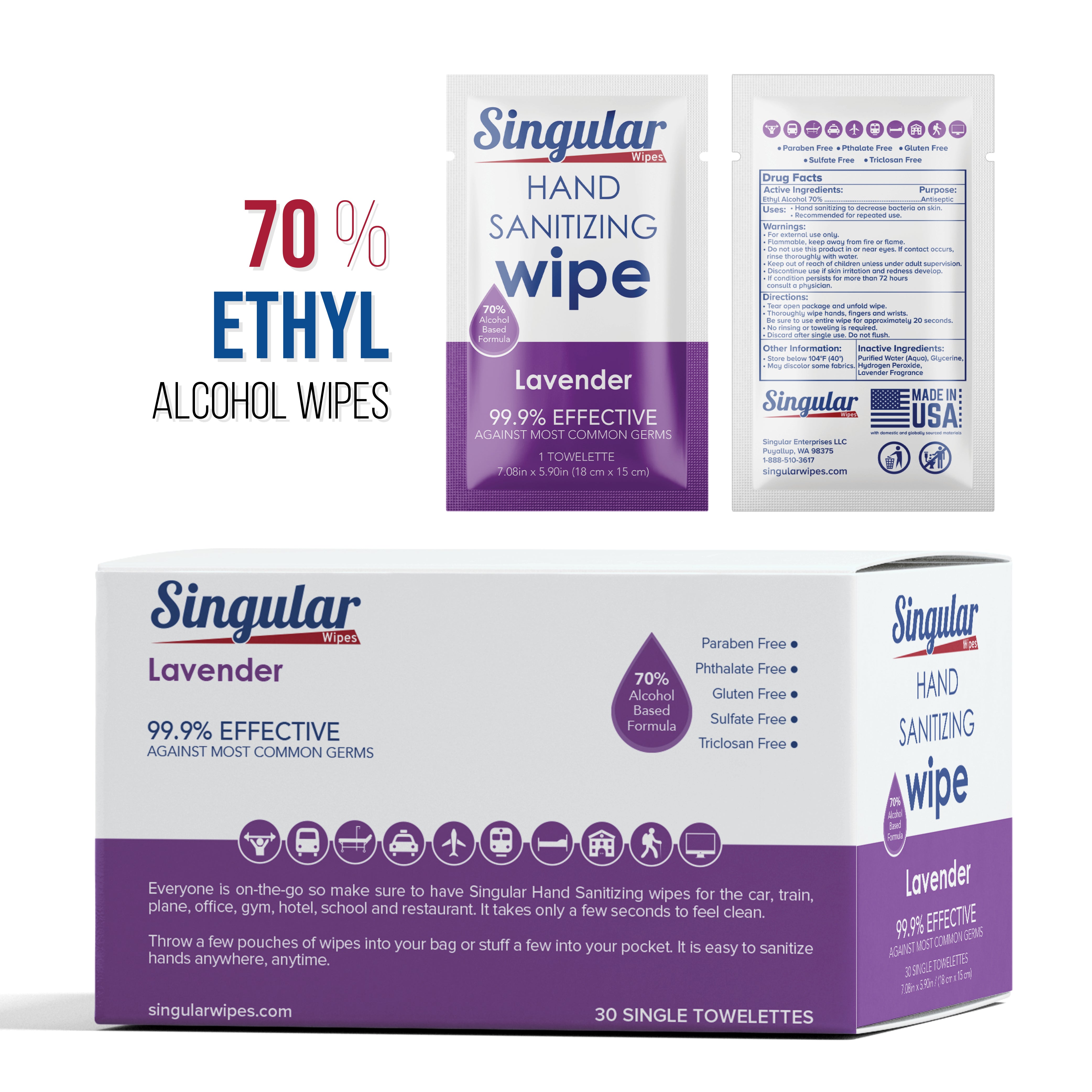 HAND SANITIZING WIPES - Individually Packed Premium Hand Sanitizing Wipes for Travel, Home, Office, School, etc. with Fragrance and Moisturizer - Made in USA (Lavender 30ct Box)