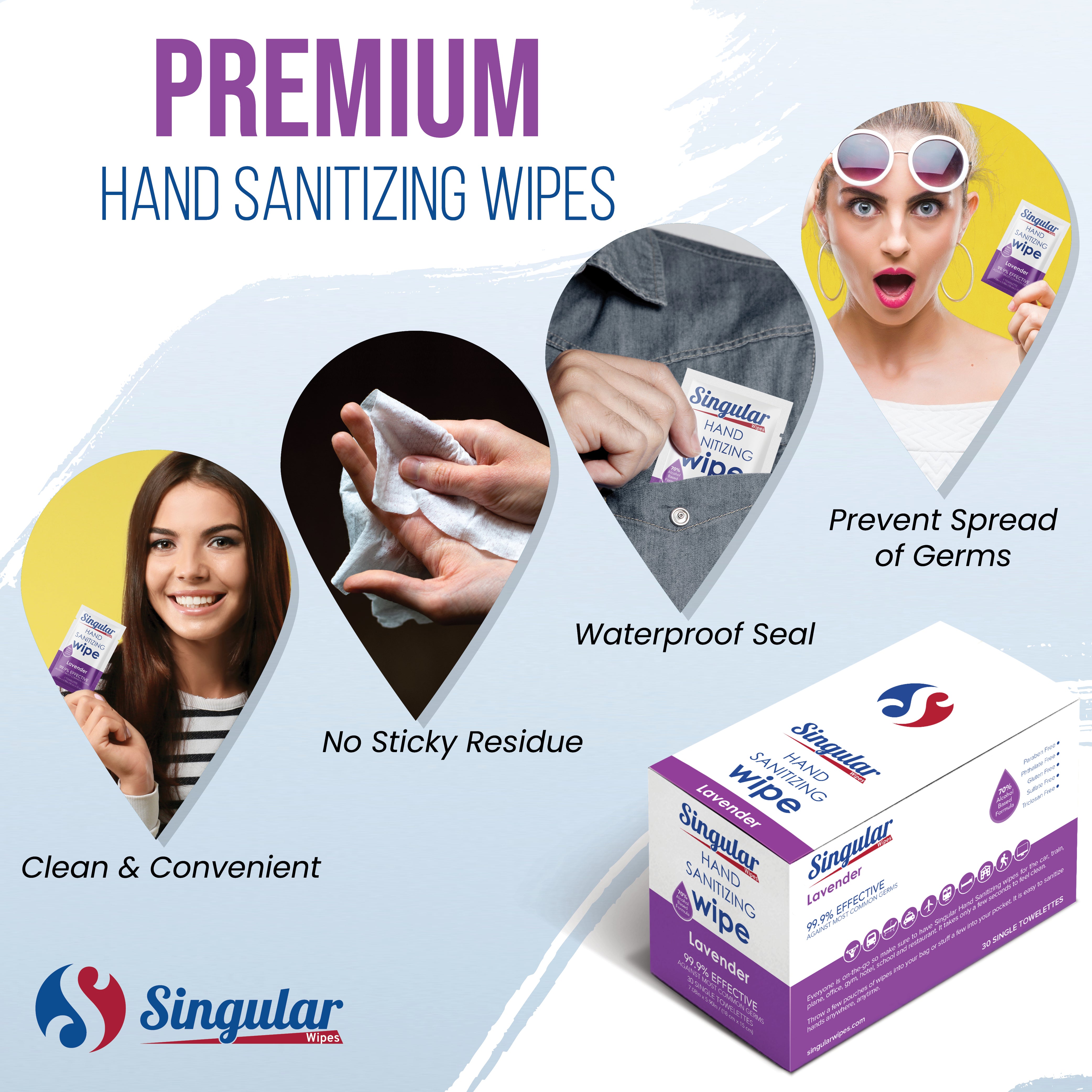 HAND SANITIZING WIPES - Individually Packed Premium Hand Sanitizing Wipes for Travel, Home, Office, School, etc. with Fragrance and Moisturizer - Made in USA (Lavender 30ct Box)