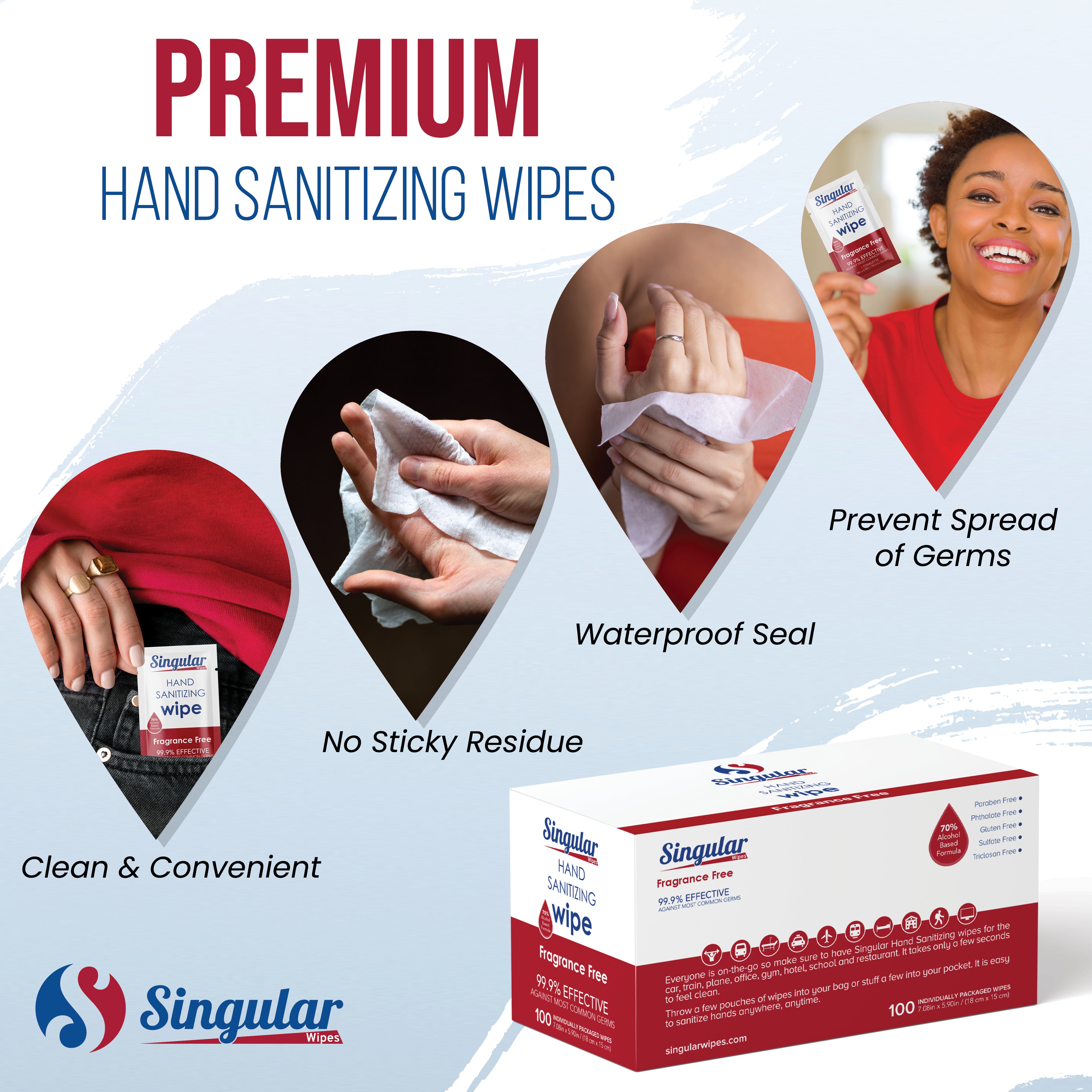 HAND SANITIZING WIPES- 100ct - Individually Packed Premium Hand Sanitizing Wipes for Travel, Home, Office, School, etc. Fragrance Free with Moisturizer - Made in USA