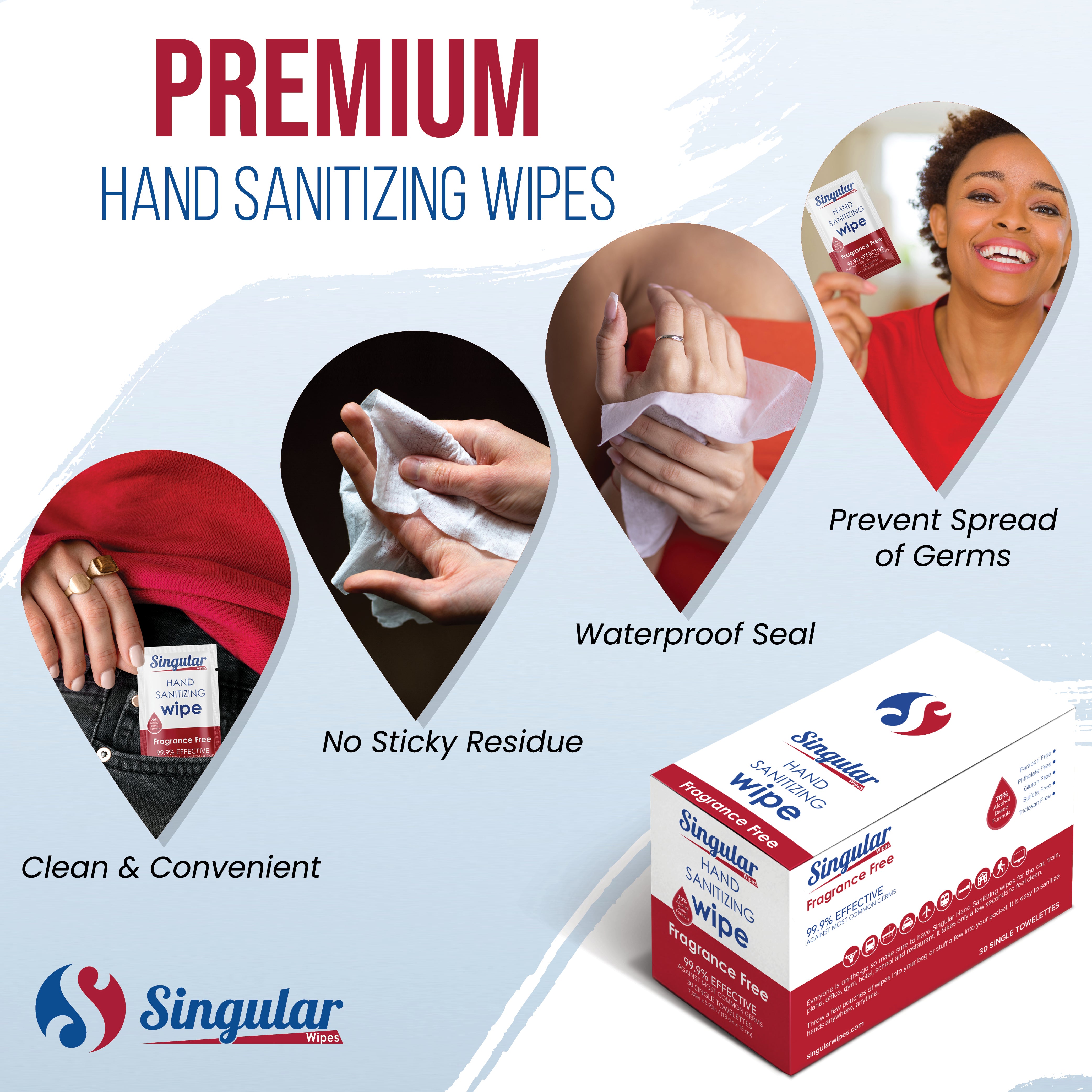 HAND SANITIZING WIPES - Individually Packed Premium Hand Sanitizing Wipes for Travel, Home, Office, School, etc. with Moisturizer - Made in USA (Fragrance Free 30ct Box)