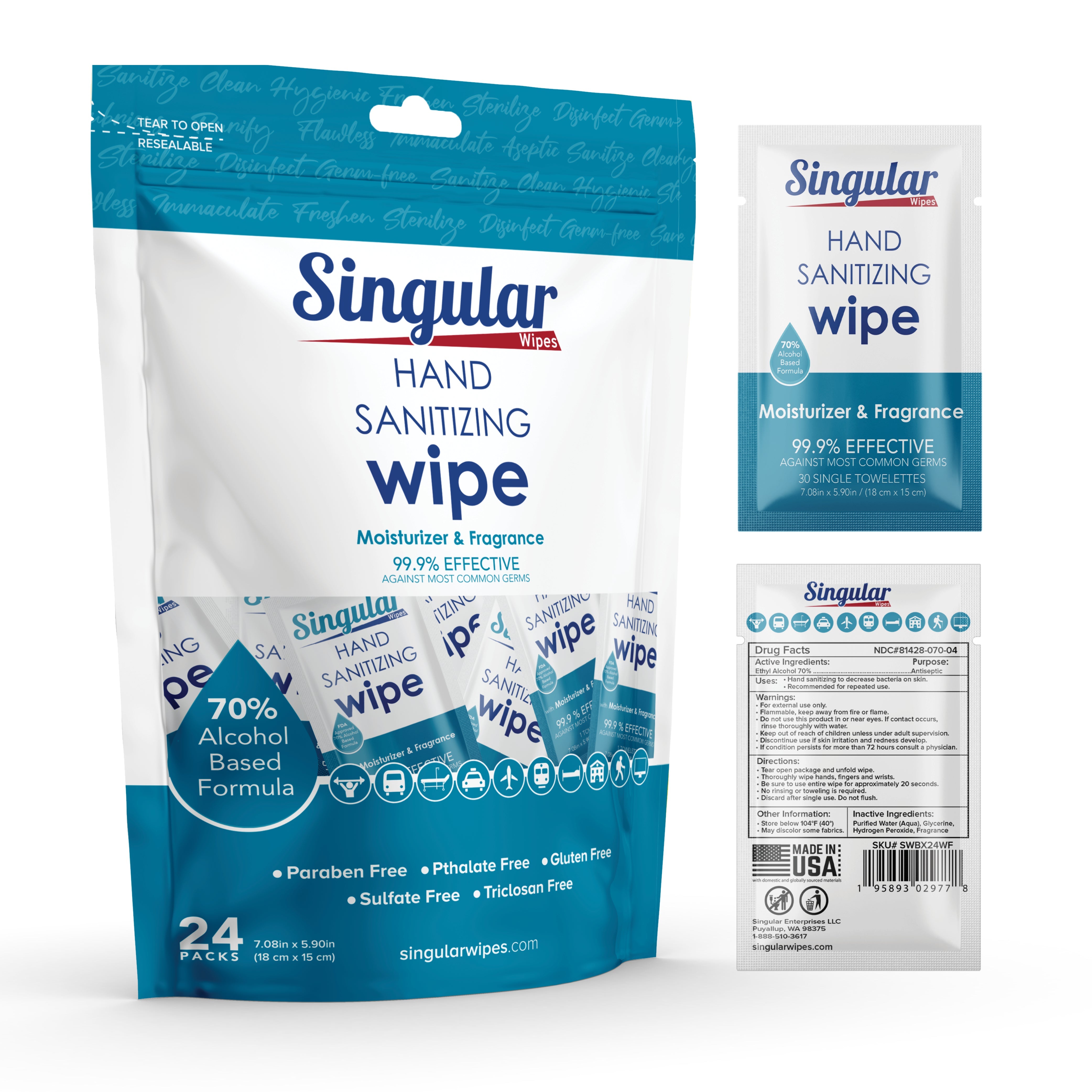 HAND SANITIZING WIPES - Individually Packed Premium Hand Sanitizing Wipes for Travel, Home, Office, School, etc. with Fresh Citrus Fragrance and Moisturizer - Made in USA (Fresh Citrus 24ct Bag)