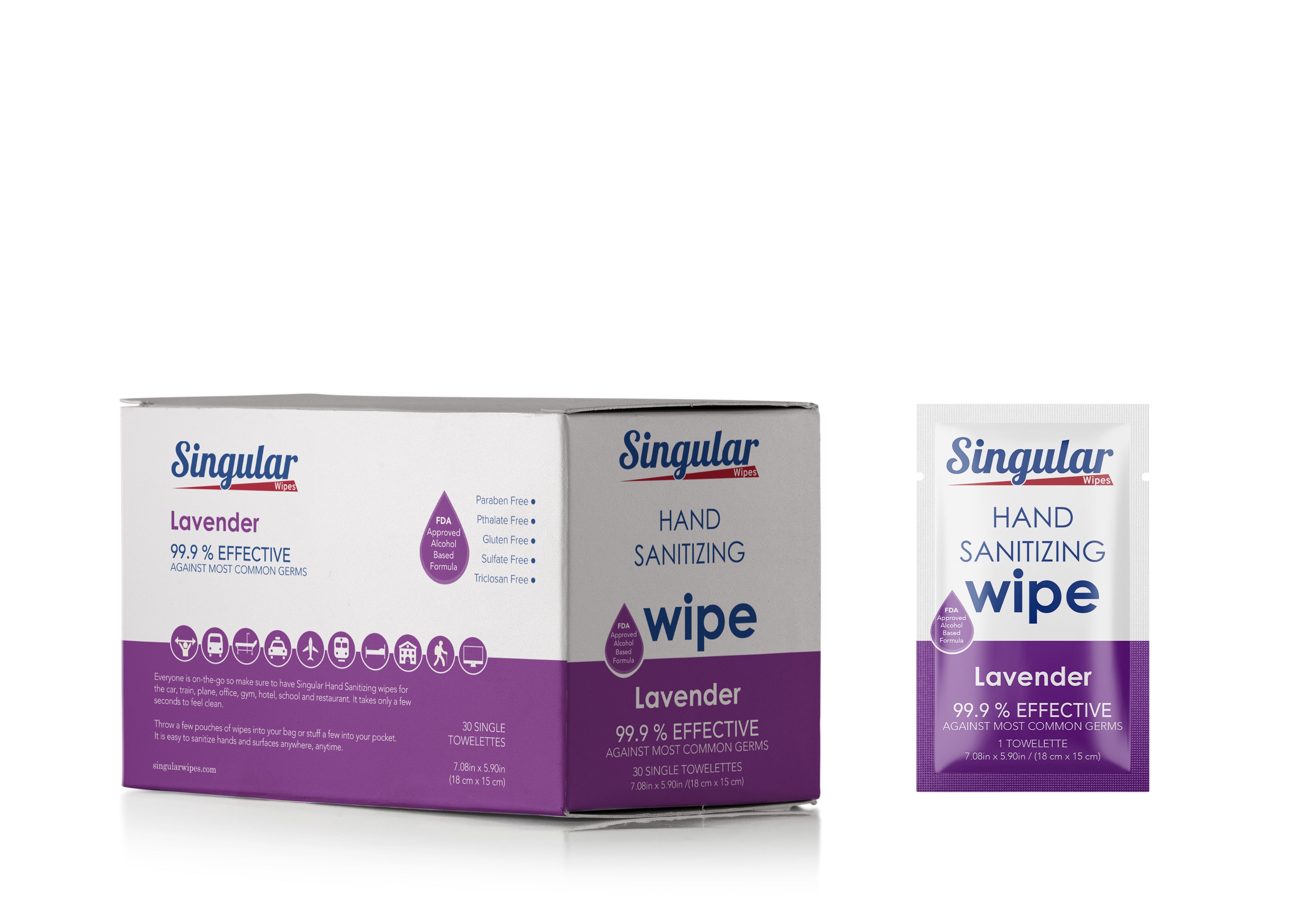 HAND SANITIZING WIPES - Individually Packed Premium Hand Sanitizing Wipes for Travel, Home, Office, School, etc. with Fragrance and Moisturizer - Made in USA (Lavender 30ct Box)