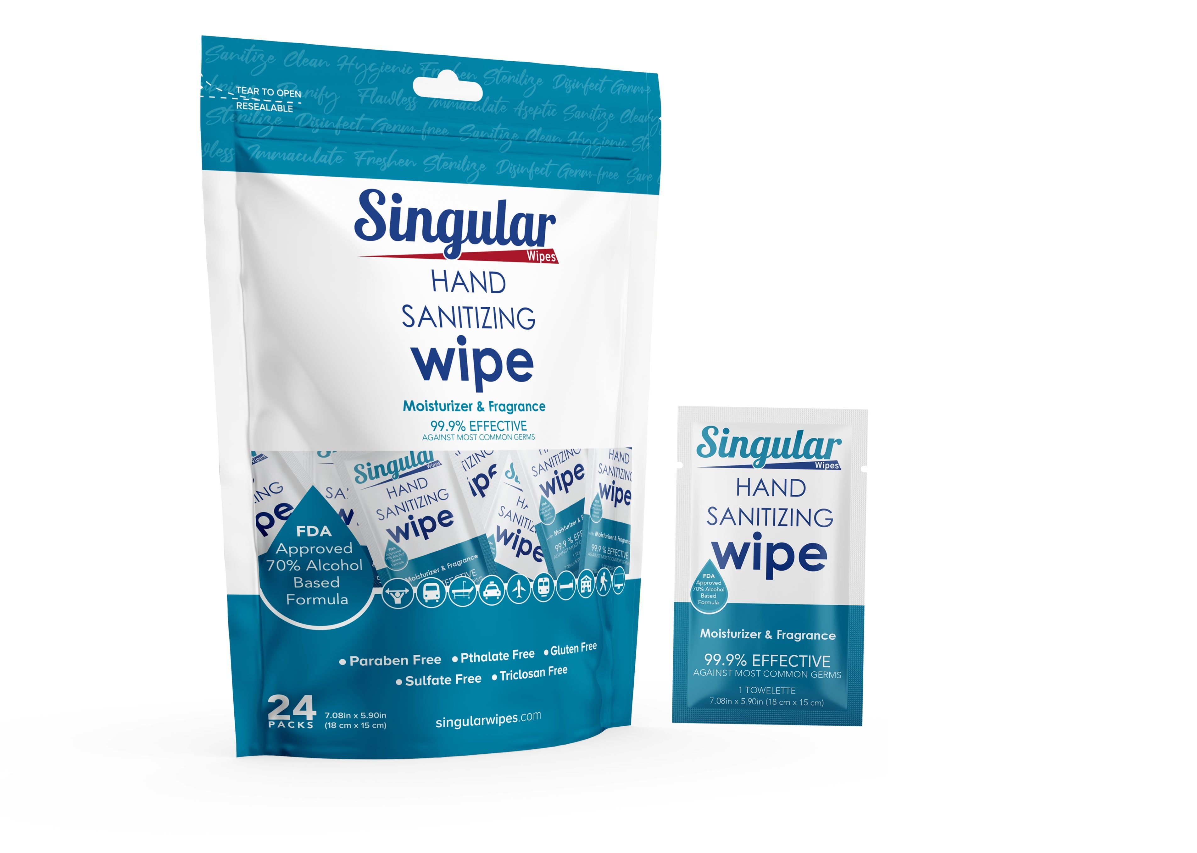 HAND SANITIZING WIPES - Individually Packed Premium Hand Sanitizing Wipes for Travel, Home, Office, School, etc. with Fresh Citrus Fragrance and Moisturizer - Made in USA (Fresh Citrus 24ct Bag)